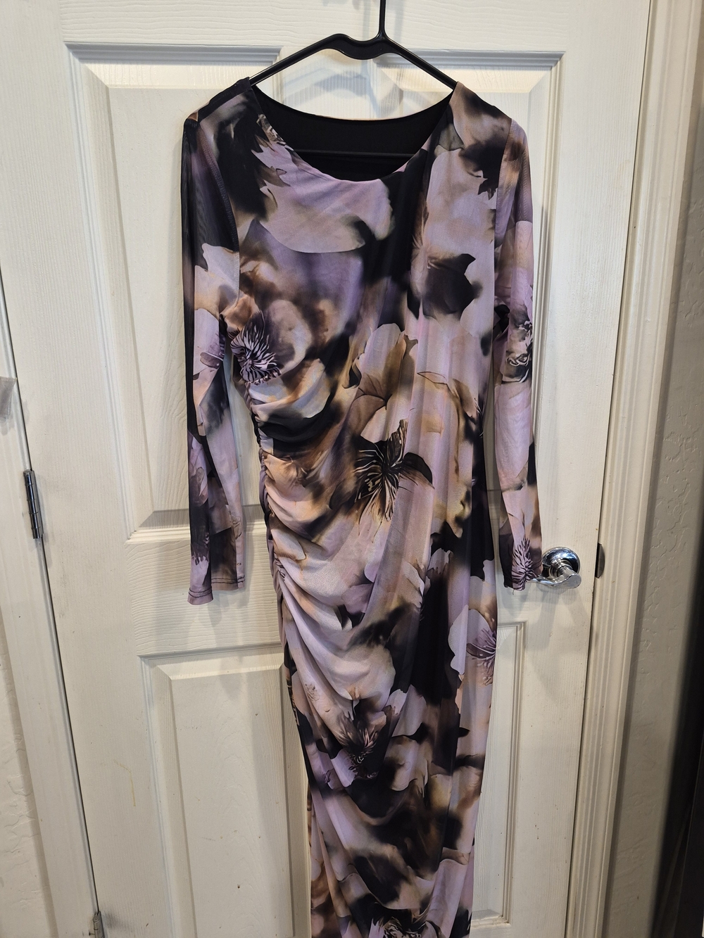3/30 SHEIN Lavender and Black Floral Ruched Long Sleeve Maxi Dress
